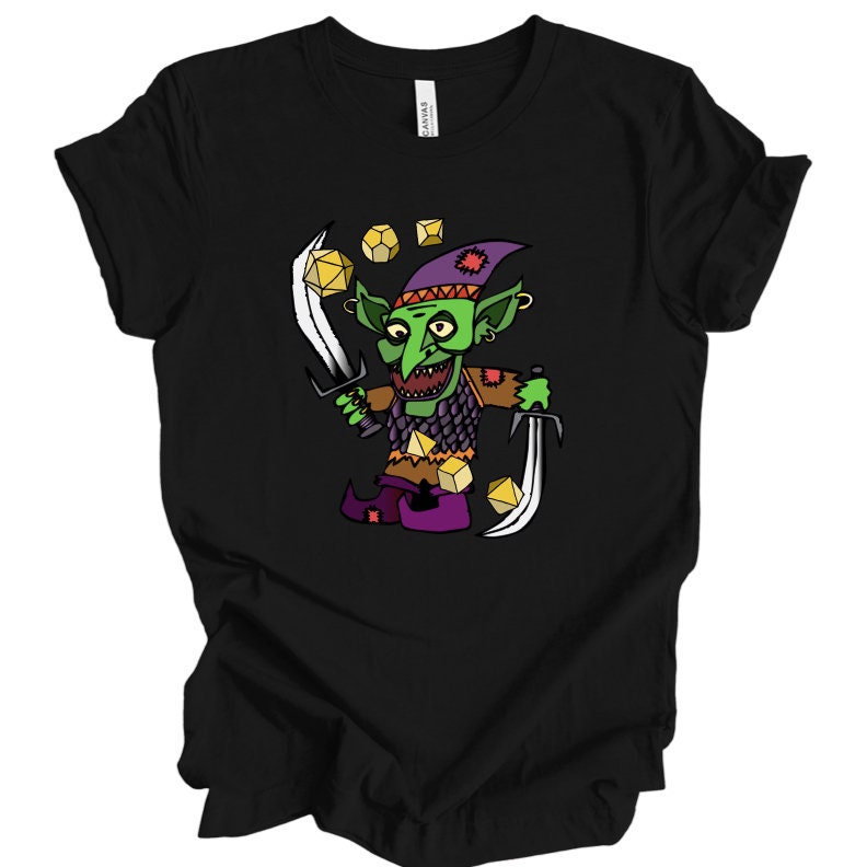 Dice Goblin T Shirt DnD Fantasy Dungeons and Dragons inspired graphic design